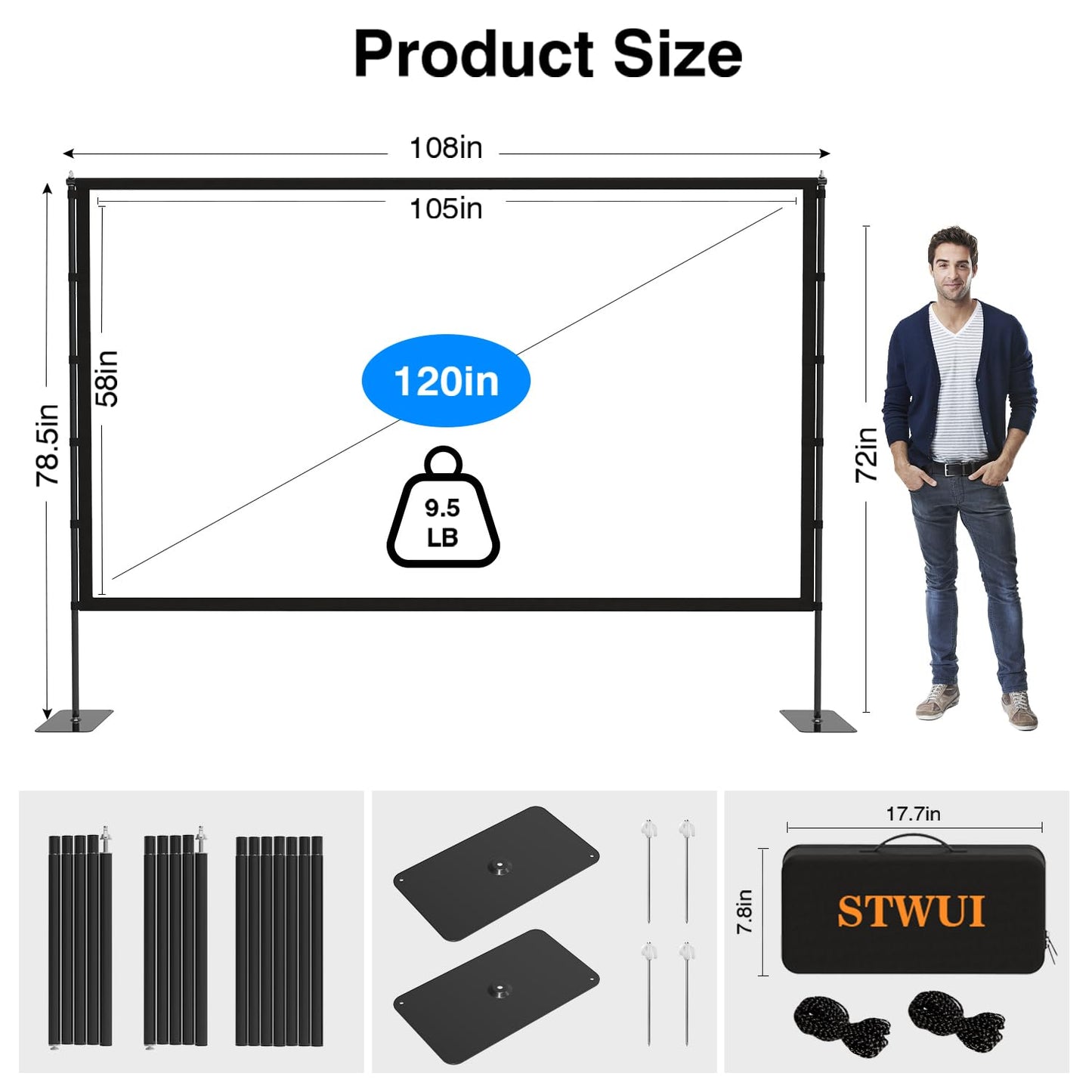 Outdoor-Projector-Screen-with-Stand - 120 inch Portable Projector Screen Indoor Outdoor Projector Screens 16:9 4K HD Lightweight Movie Screen with Carry Bag for Backyard Movie Night