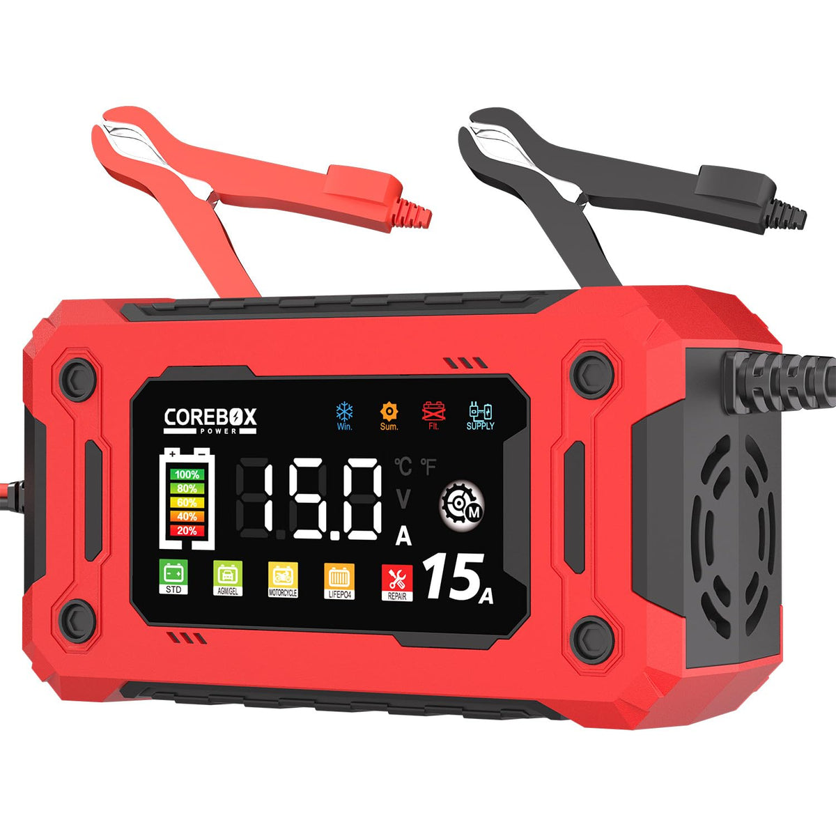 COREBOX 12V Battery Charger 15Amp, Support 1A,6A,10A,0-15A Fast Car Battery Charger, Automobile 12 Volt Trickle Charger,Battery Maintainer with Temperature Compensation for Cars Motorcycle Lawn Mower