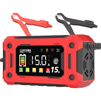 COREBOX 12V Battery Charger 15Amp, Support 1A,6A,10A,0-15A Fast Car Battery Charger, Automobile 12 Volt Trickle Charger,Battery Maintainer with Temperature Compensation for Cars Motorcycle Lawn Mower