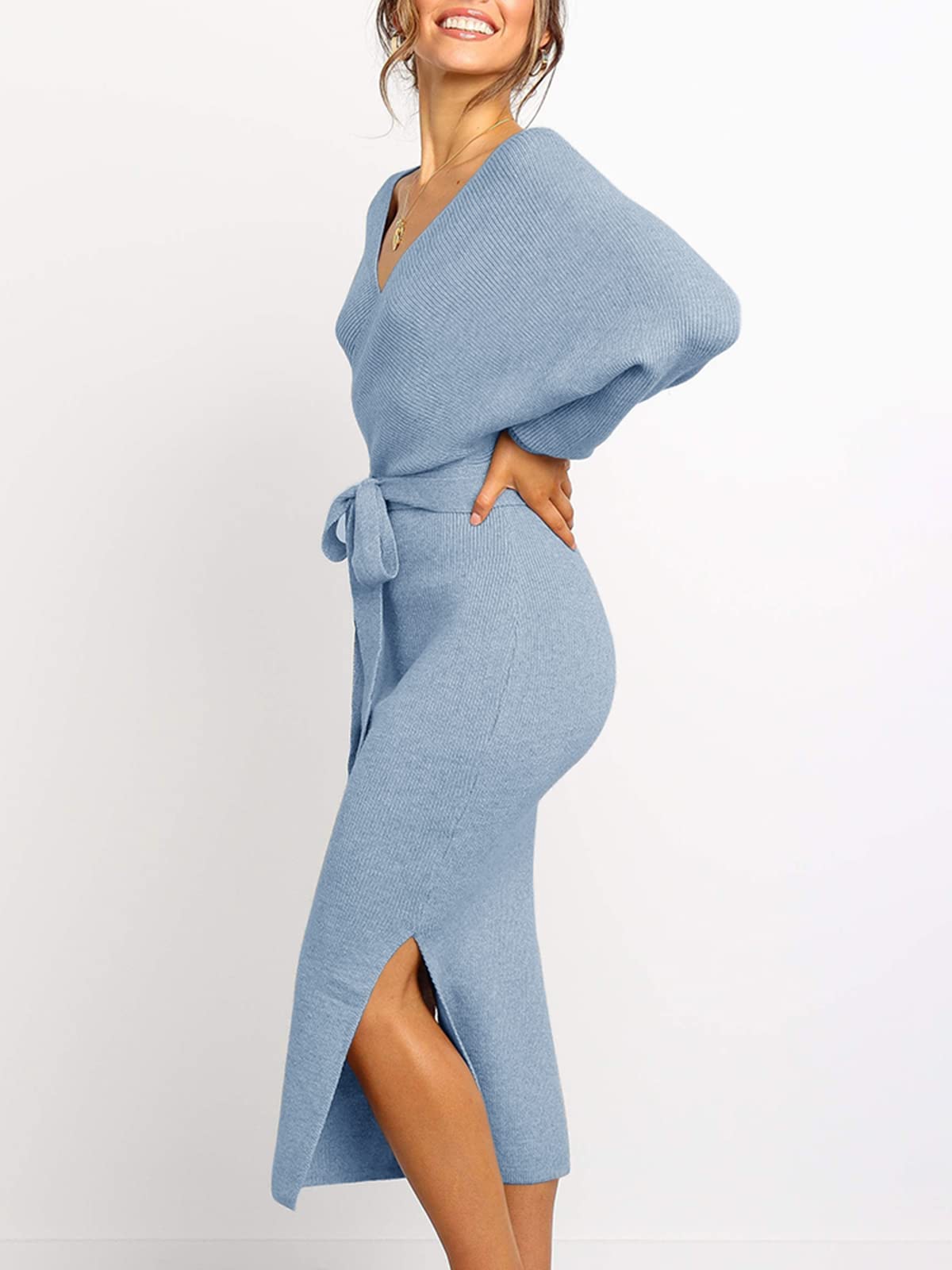 Chang Yun Women's Long Maxi Sweater Dresses Sexy Wrap Batwing V Neck Slit Open Back Holiday Bodycon Dress with Belt
