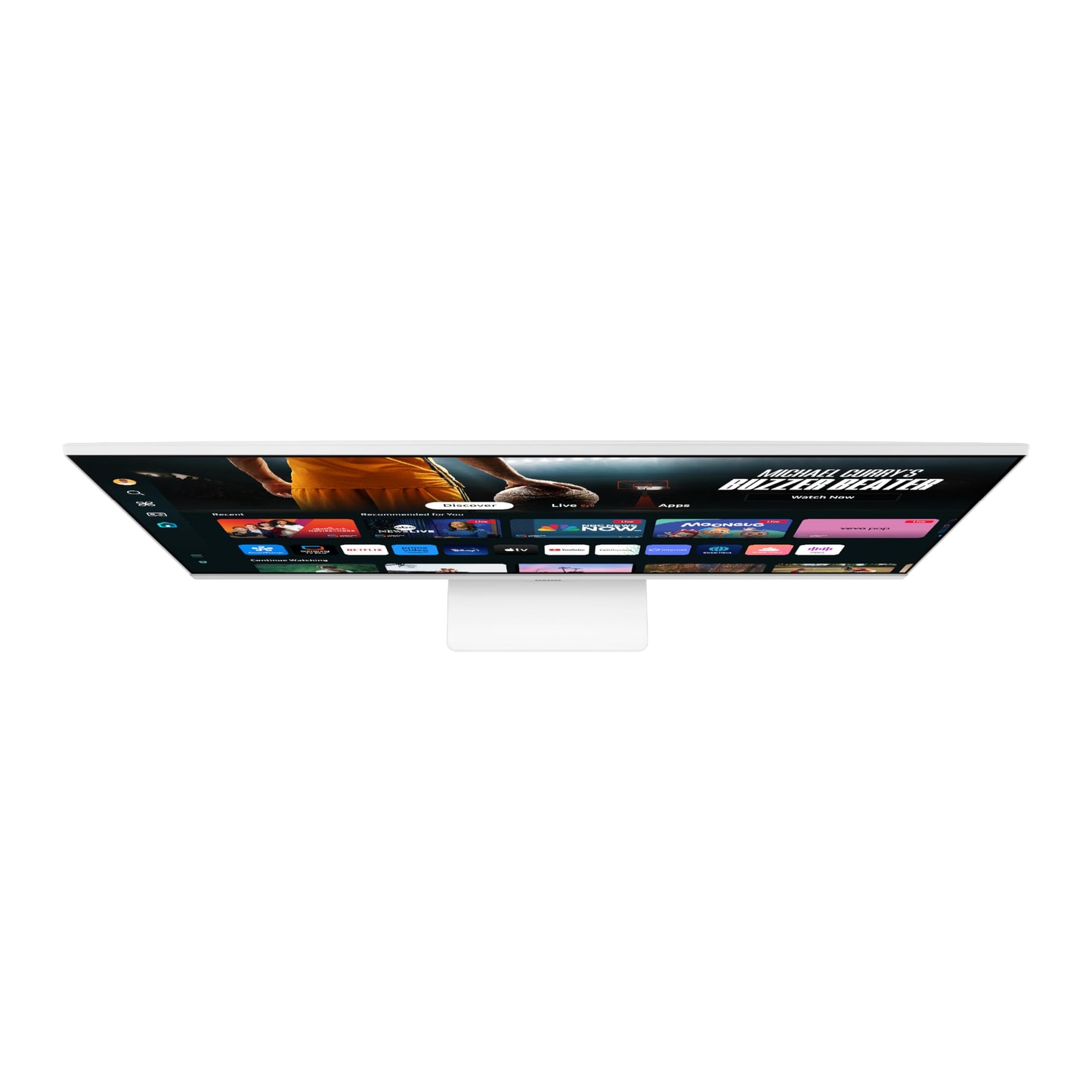 The white Samsung M7 monitor showing its sleek profile and the included SolarCell Remote.