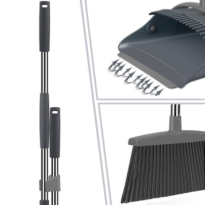 Broom and Dustpan Set, Broom Dust pan, Dustpan with Long Handle, Broom with Dustpan Combo Set, Broom and Dustpan Set for Home, Broom with Dustpan Indoor or Outdoor Broom(Deep Gray&Light Gray)