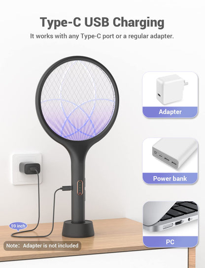 YISSVIC Electric Fly Swatter 4000V Bug Zapper Racket Dual Modes Mosquito Killer with Purple Mosquito Light Rechargeable for Indoor Home Office Backyard Patio Camping (Black-1 Pack)