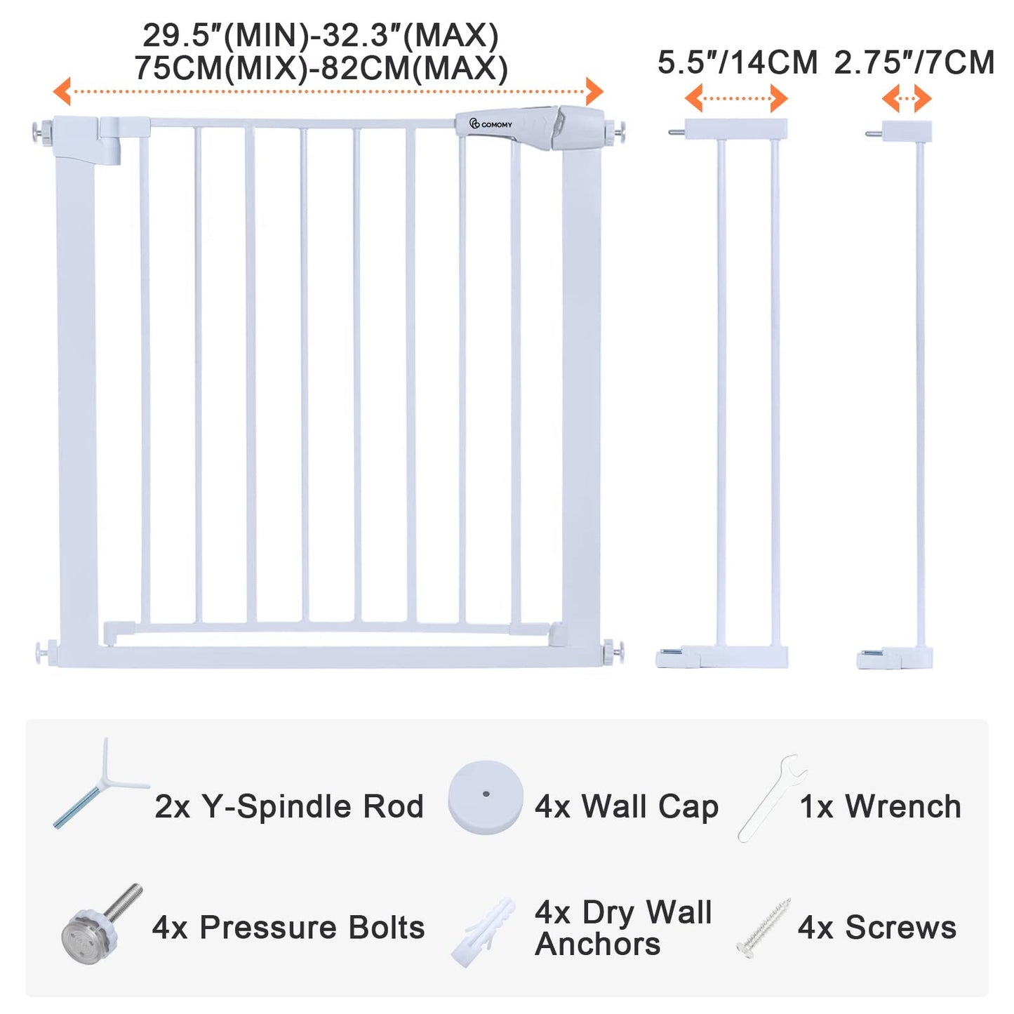 COMOMY 29.5-40.5" Extra Wide Baby Gate, Auto Close Dog Gate for House Doorways Stairs, Pressure Mounted Easy Walk Thru Pet Gate Safety Child Gate, includes 4 Wall Cups and 2 Extension Pieces, White