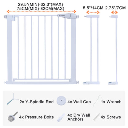 COMOMY 29.5-40.5" Extra Wide Baby Gate, Auto Close Dog Gate for House Doorways Stairs, Pressure Mounted Easy Walk Thru Pet Gate Safety Child Gate, includes 4 Wall Cups and 2 Extension Pieces, White