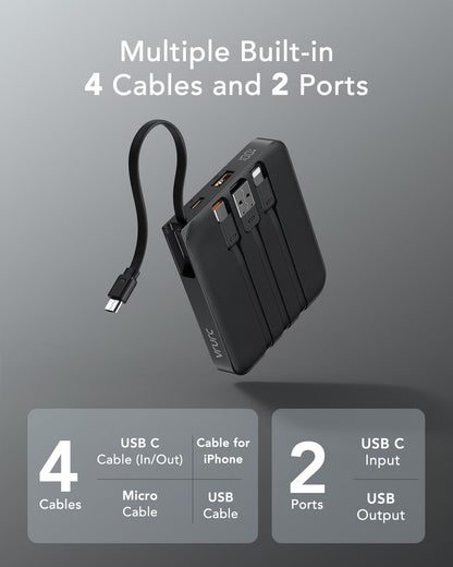 VRURC Portable Charger with Built-in Cable, 10000mAh 22.5W Fast Charging USB C Battery Pack, Cell Phone Power Bank for iPhone 17 16 15 Samsung Galaxy S25 S24 S23 Series Android Tablet, Black(1 Pack)