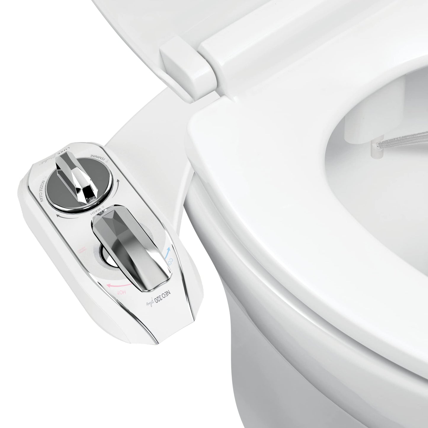 LUXE Bidet NEO 320 Plus - Patented Bidet Attachment for Toilet Seat, Innovative Hinges to Clean, Slide-in Install, Advanced 360° Self-Clean, Warm, Dual Nozzles, Feminine & Rear Wash (Chrome)