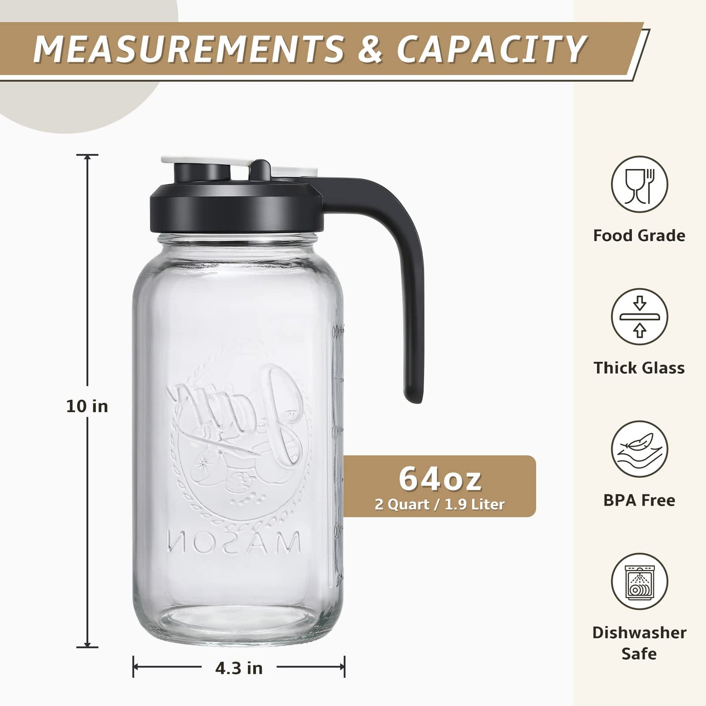 AOZITA 64 oz Glass Pitcher with Lid - 2 Quart Mason Jar Pitcher with Filter Lid, Wide Mouth Jar Leak-proof Water Jug, Heavy Duty Glass Container for Water, Juice, Milk, Tea, Iced Coffee, and Drinks
