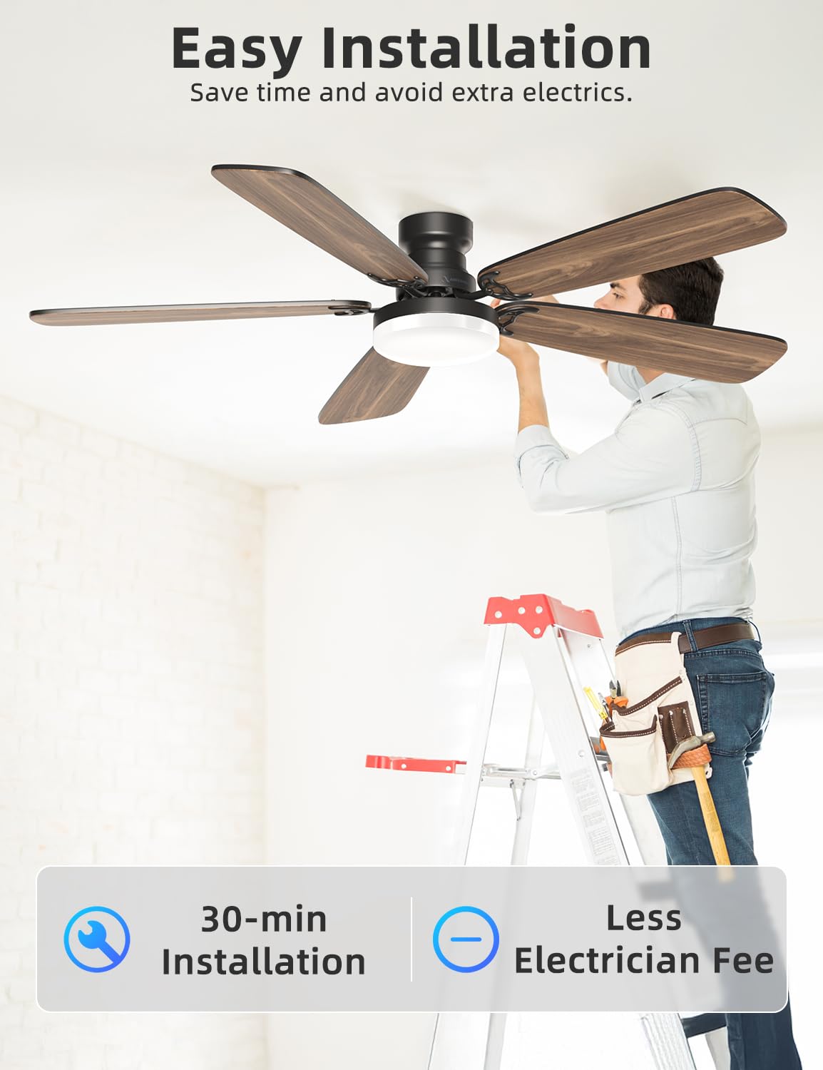 Arecovas Ceiling Fans with Lights and Remote, 52 Inch Modern Ceiling Fan with Light, Downrod & Flush Mount, Quiet DC Motor, Dual Finish 5 Blades Ceiling Fan for Bedroom Living Room Farmhouse Indoor