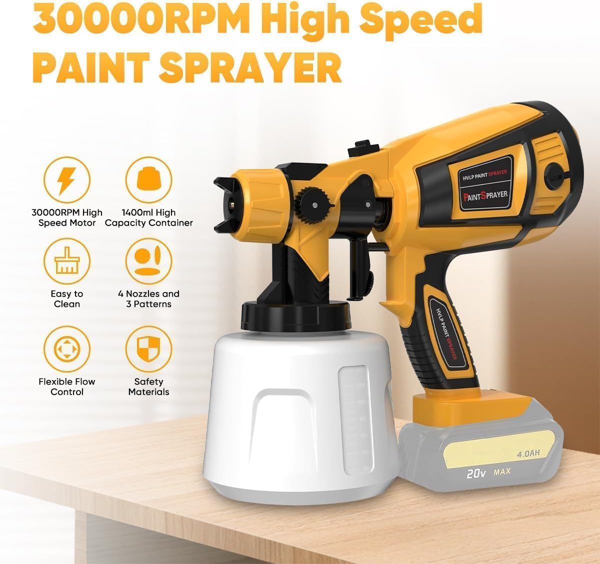 Cordless Paint Sprayer for Dewalt 20V MAX Battery High Power Electric Spray Paint Gun Easy to Clean for Furniture Cabinets House Painting Yellow (Not Include Battery)