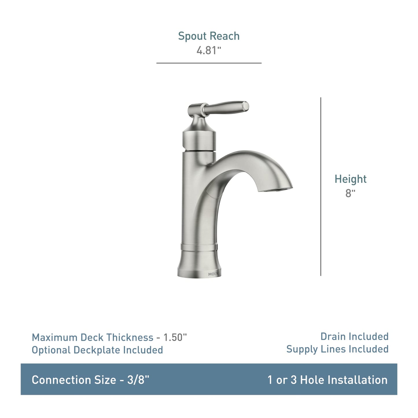 Moen Halle Spot Resist Brushed Nickel One-Handle Single Hole Bathroom Sink Faucet with Optional Deckplate, 84970SRN