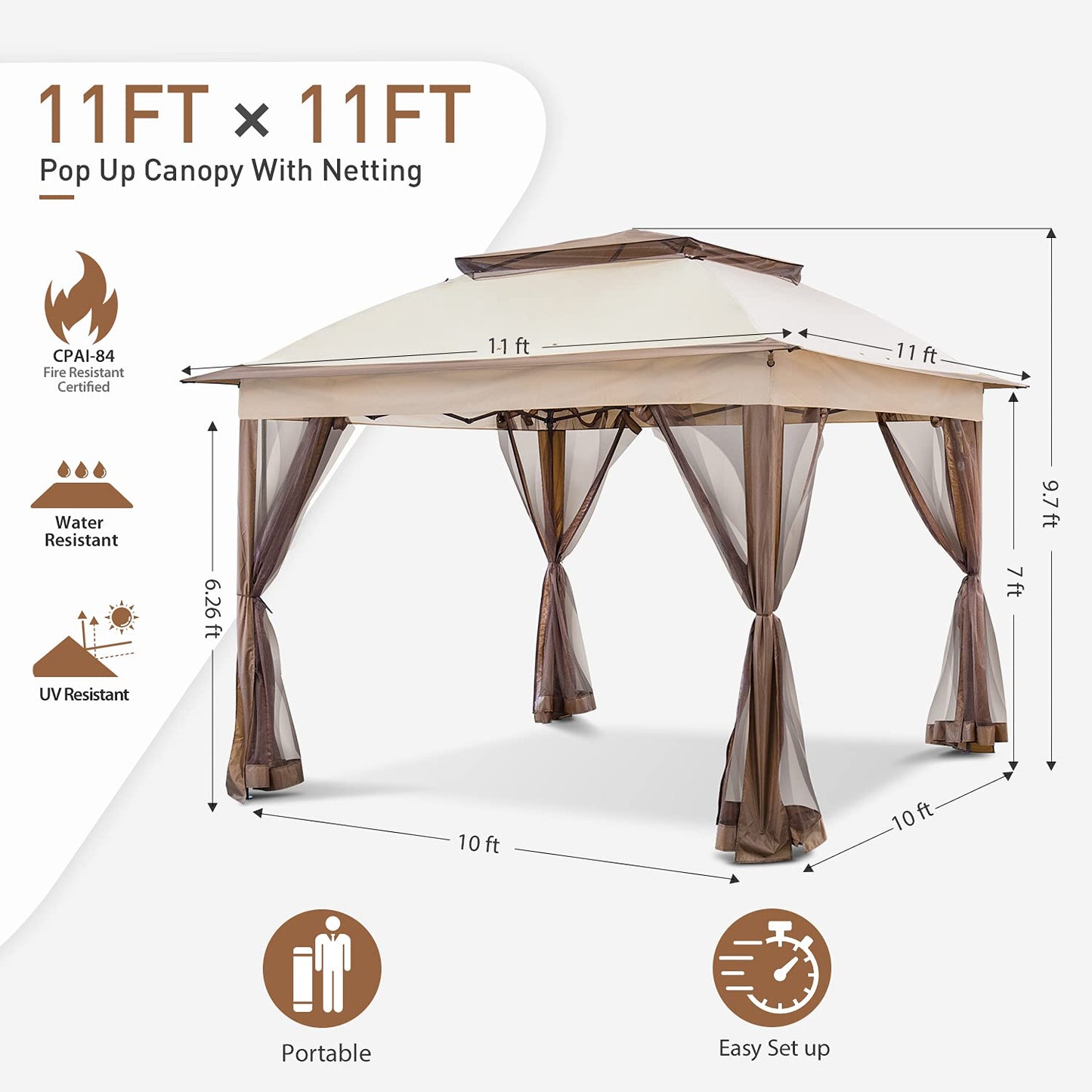 Cool Spot 11x11 Pop-Up Instant Gazebo Tent with Mosquito Netting Outdoor Canopy Shelter with 121 Square Feet of Shade by COOS BAY (Beige)