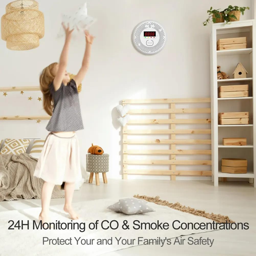 Vzmcov Carbon Monoxide and Smoke Detector LCD Display, Battery Powered, Dual sensors, 85dB Voice Alarm and Real-time Tracking, Suitable for Home/Kitchen/Bedroom/RV (Small Screen, 2Pack-CO&Smoke)