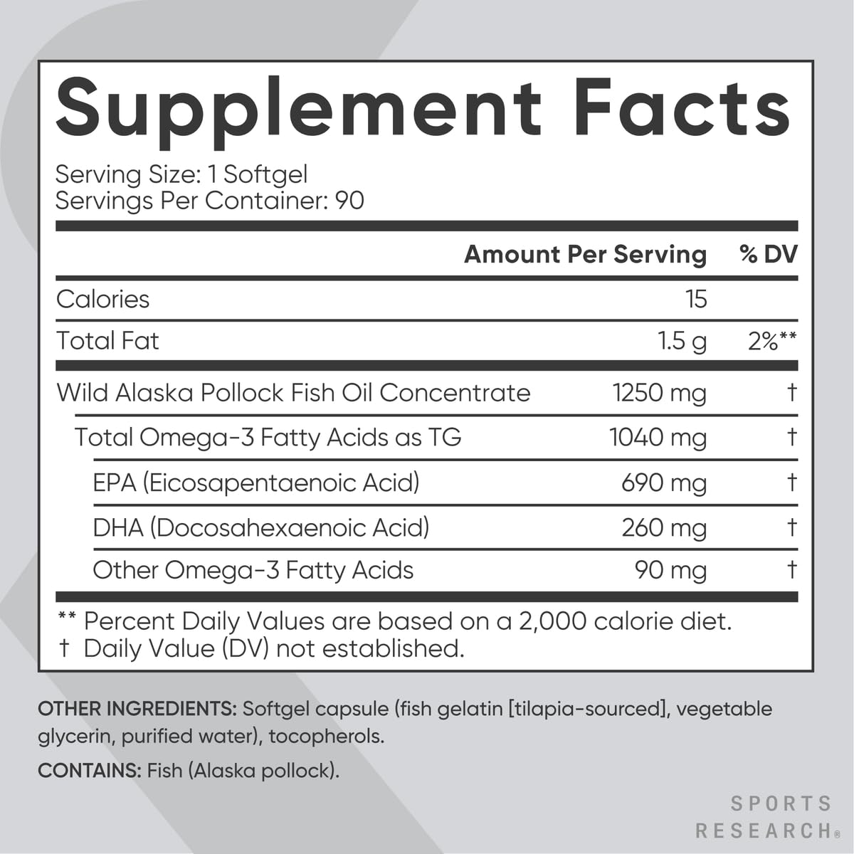 Sports Research Triple Strength Omega 3 Fish Oil - Burpless Fish Oil Supplement w/EPA & DHA Fatty Acids from Single-Source Wild Alaska Pollock - 1250 mg, 90 ct