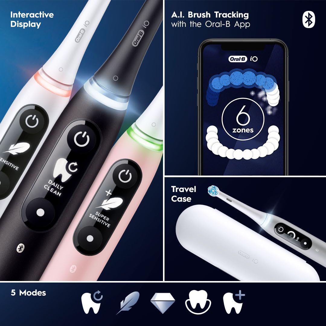 Oral-B iO Deep Clean + Protect Rechargeable Electric Toothbrush, Black with a iO Series 7 Toothbrush, 2 Replacement Brush Heads, and a Charging Travel Case