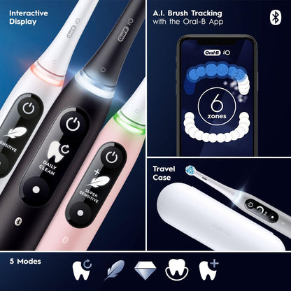 Oral-B iO Deep Clean + Protect Rechargeable Electric Toothbrush, Black with a iO Series 7 Toothbrush, 2 Replacement Brush Heads, and a Charging Travel Case