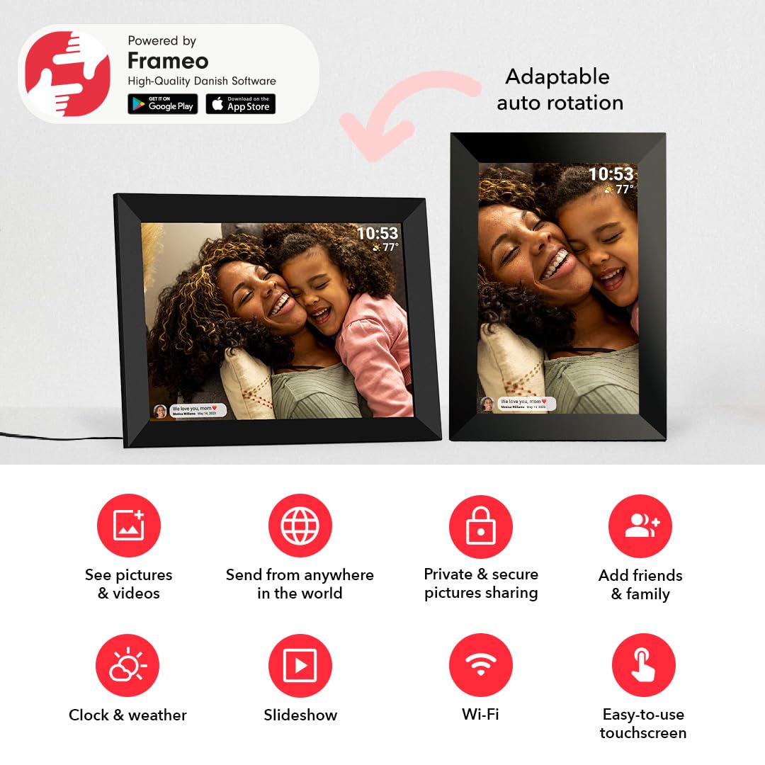 Frameo 10.1 Inch WiFi Digital Picture Frame with 32GB Storage,1280 * 800P IPS HD Touch Screen,Send Photos/Videos from Your Phone Anywhere, Photo Gifts for Parents and Grandparents