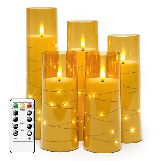 kakoya Flameless LED Candles with Timer 5 Pc Flickering Flameless Candles for Romantic Ambiance and Home Decoration Stable Acrylic Shell,with Embedded Star String，Battery Operated Candles（Gold）