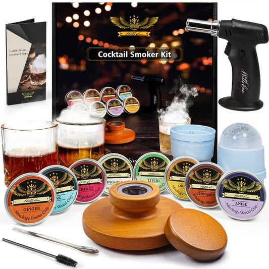 WillsCoo Cocktail Smoker Kit with Torch - 2 Whiskey Glasses 2 Ice Ball Molds 8 Flavor Orange Cinnamon Ginger Anise Wood Chips for Whiskey & Bourbon, Old Fashioned Smoker Set, Gifts for Men