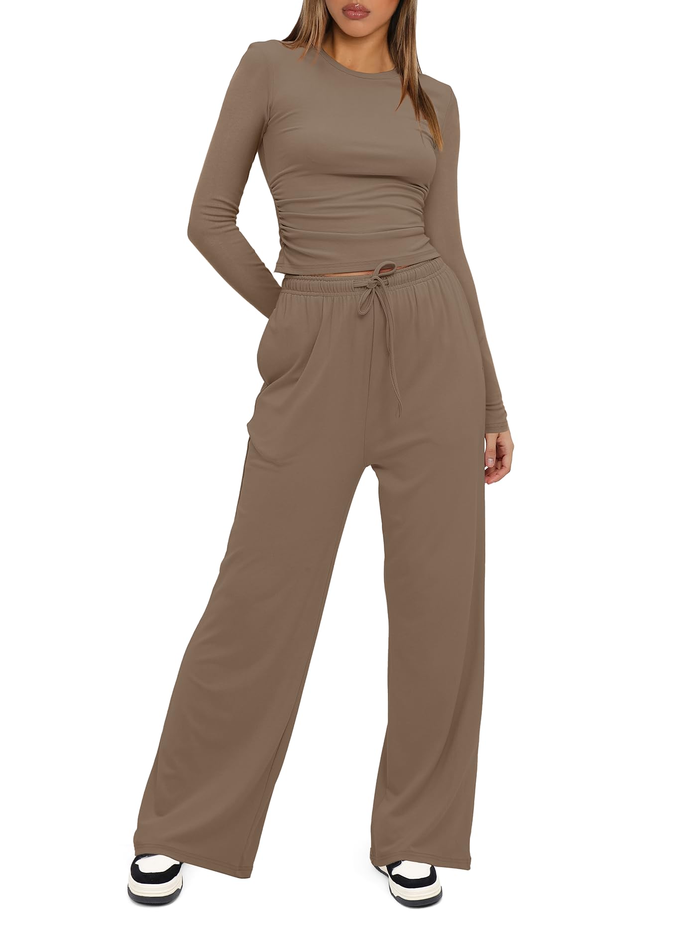 Darong Womens 2 Piece Sets Fall Outfits 2024 Fashion Two Piece Lounge Matching Set T Shirts Long Pants Tracksuit 9065B Khaki S