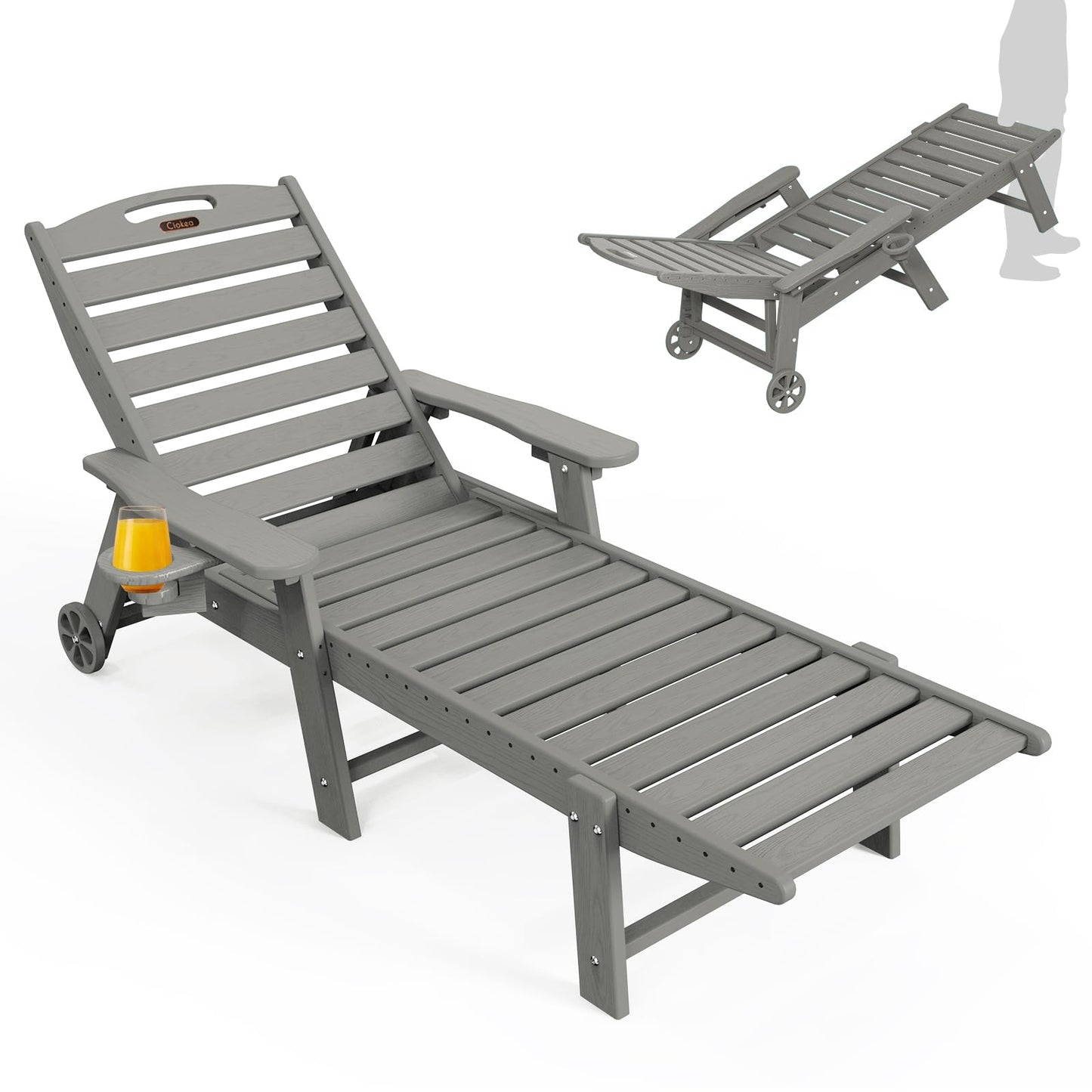 Lounge Chair Outdoor, Oversized Chaise Lounge Chair with 5 Positions, HDPE, Patio Lounge Chair with Wheels & Cup Holder for Pool, Deck, Poolside, Grey