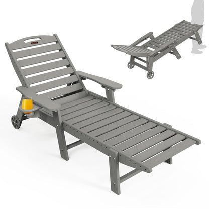 Lounge Chair Outdoor, Oversized Chaise Lounge Chair with 5 Positions, HDPE, Patio Lounge Chair with Wheels & Cup Holder for Pool, Deck, Poolside, Grey