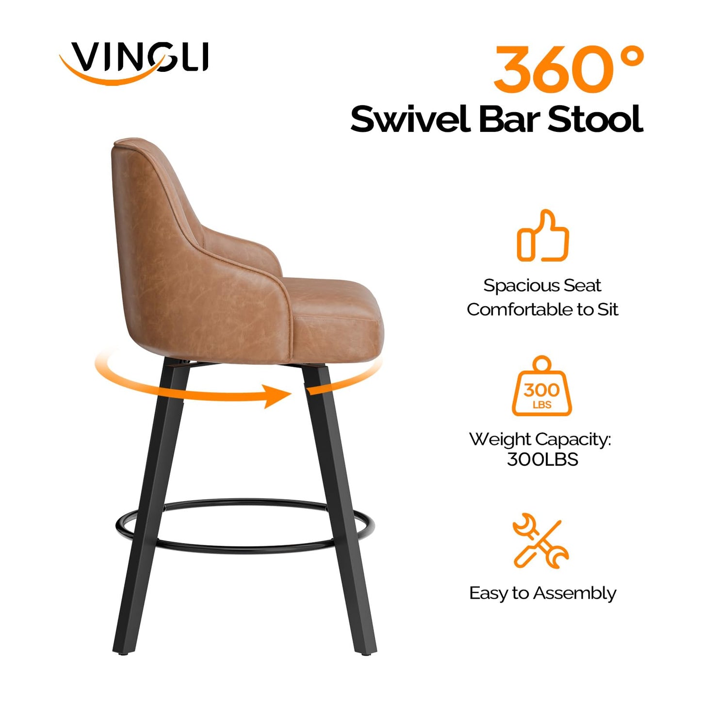 VINGLI 26" H Swivel Barstools Set of 4, PU Leather Upholstered Counter Stool with Back, Kitchen High Chairs Counter Height Bar stools with Cushion, Solid Wood Legs, Brown