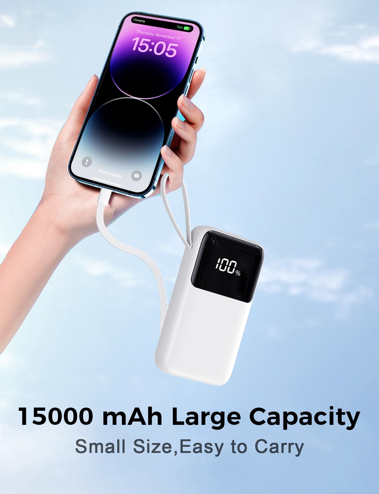 HELLEE Portable Charger with Built in Cable, 15000mAh Power Bank, 22.5W Fast Charging, 6 Outputs, Slim Travel Essential Battery Pack with LED Display, Compatible with iPhone 16/15/14/13, iPad