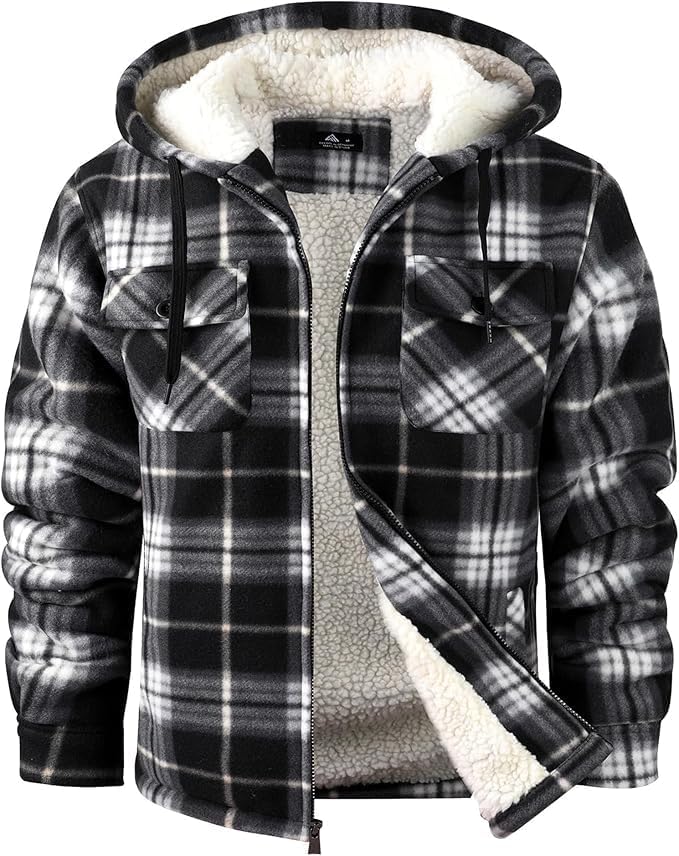 SCODI Men's Flannel Shirt Jacket Fleece Sherpa Lined Plaid Jackets Coat Full Zip Up Hoodie Winter Outwear Black White Medium