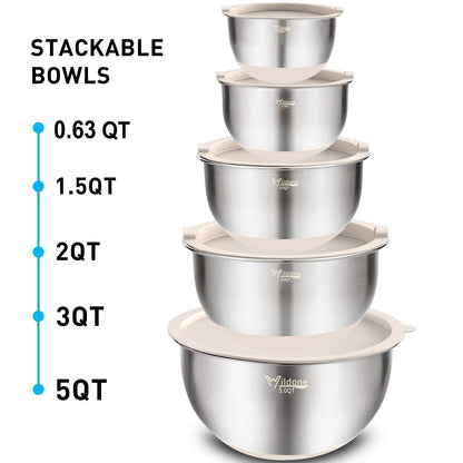 Wildone Mixing Bowls with Lids Set, 5PCS Stainless Steel Khaki Nesting Bowls with 3 Grater Attachments, Measurement Marks & Non-Slip Bottoms, Size 5, 3, 2, 1.5, 0.63 QT, Great for Mixing & Serving