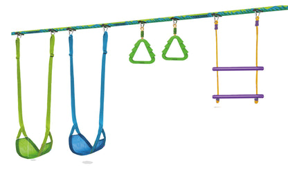 Trelines Swingset Gymnastics Kit 36' - Create an Affordable Swing Set, Slackline & Gymnastics Line - 2 Swings, Double Trapeze bar, 2 Ninja Tree Gym Rings - for Boys and Girls 3+ Holds 500 lbs+