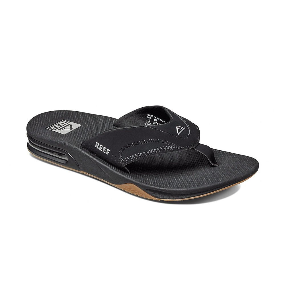 Reef Fanning Mens Bottle Opener Flip Flop, Arch Support, Durable Outsole, Water Friendly, Black/Silver, 10