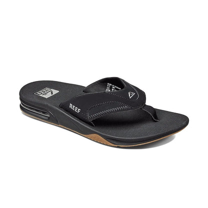 Reef Fanning Mens Bottle Opener Flip Flop, Arch Support, Durable Outsole, Water Friendly, Black/Silver, 10