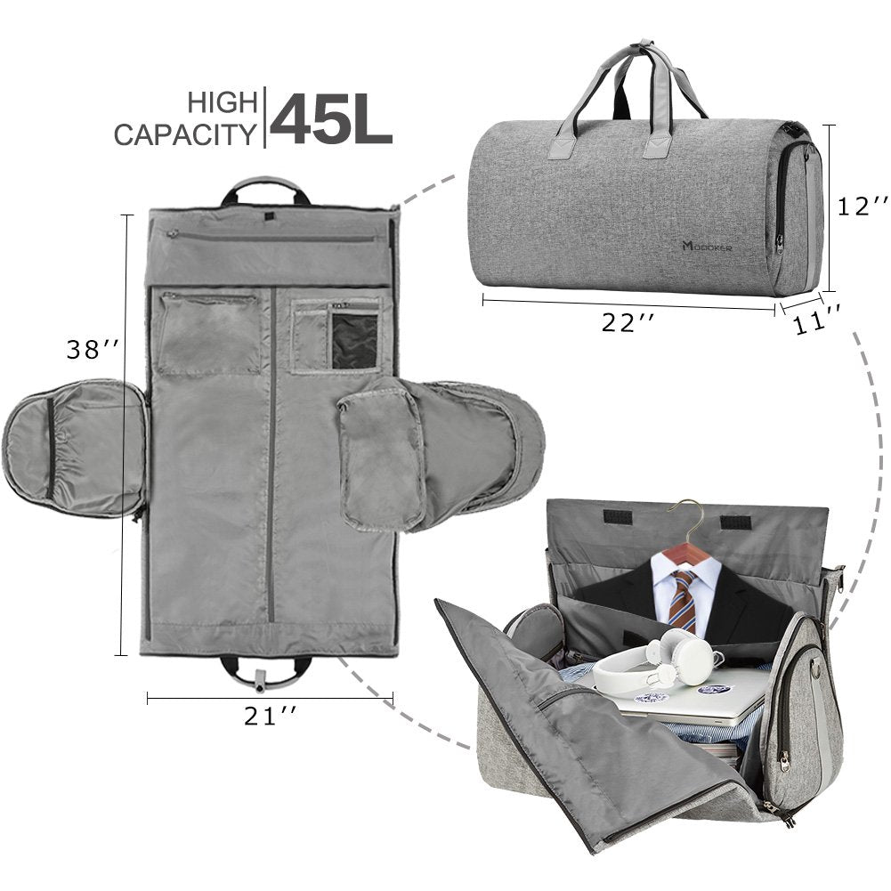 Convertible Garment Bag with Shoulder Strap, Modoker Carry on Garment Duffel Bag for Men Women - 2 in 1 Hanging Suitcase Suit Travel Bags (Grey)