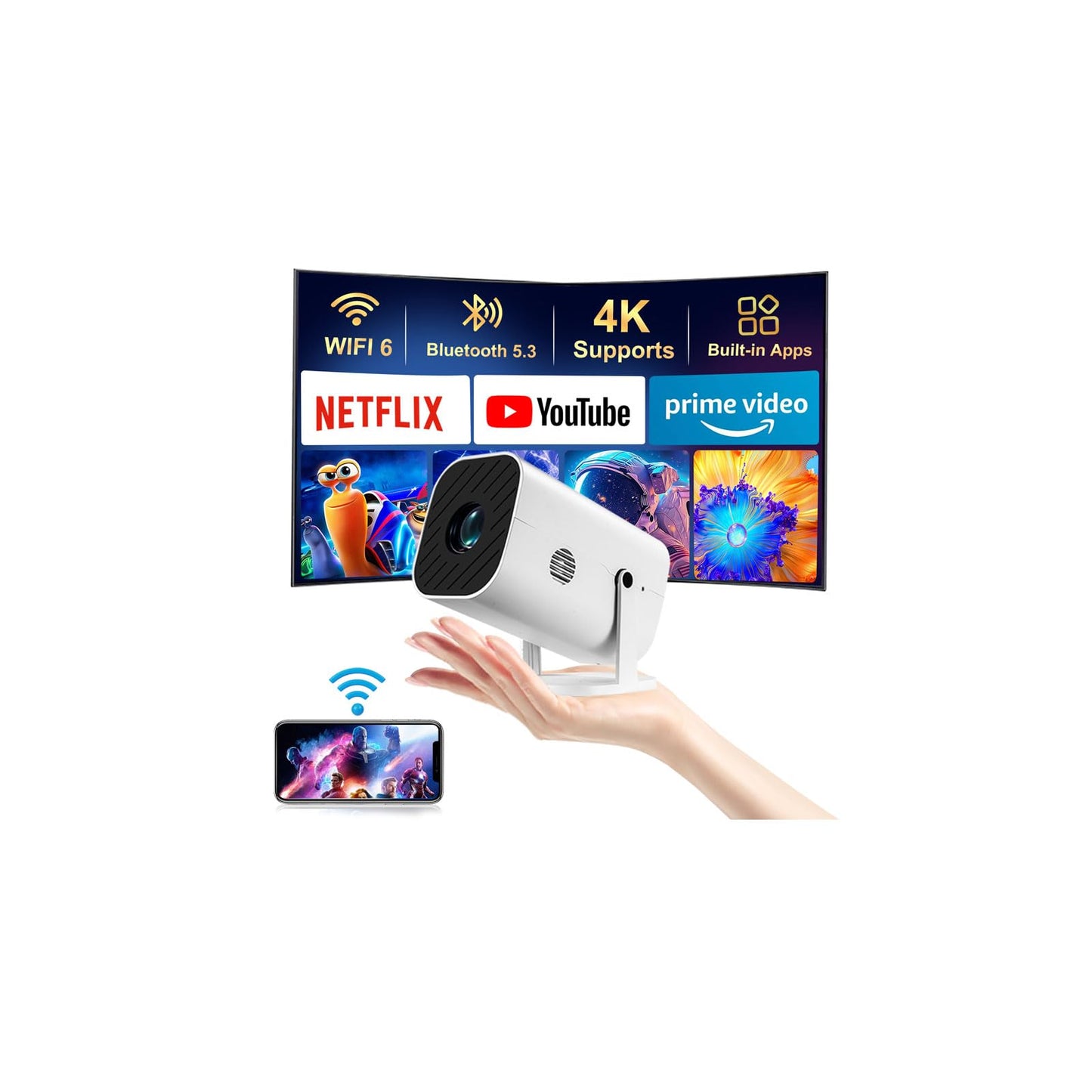 【Built-in APPS & Electric Focusing & 210° Rotation】Mini Projector With Wifi And Bluetooth, 1080P Portable Projector, Movie Projector for Bedroom, Supports Smartphones/TV Stick/iPad/PS5/Laptop/HDMI/USB