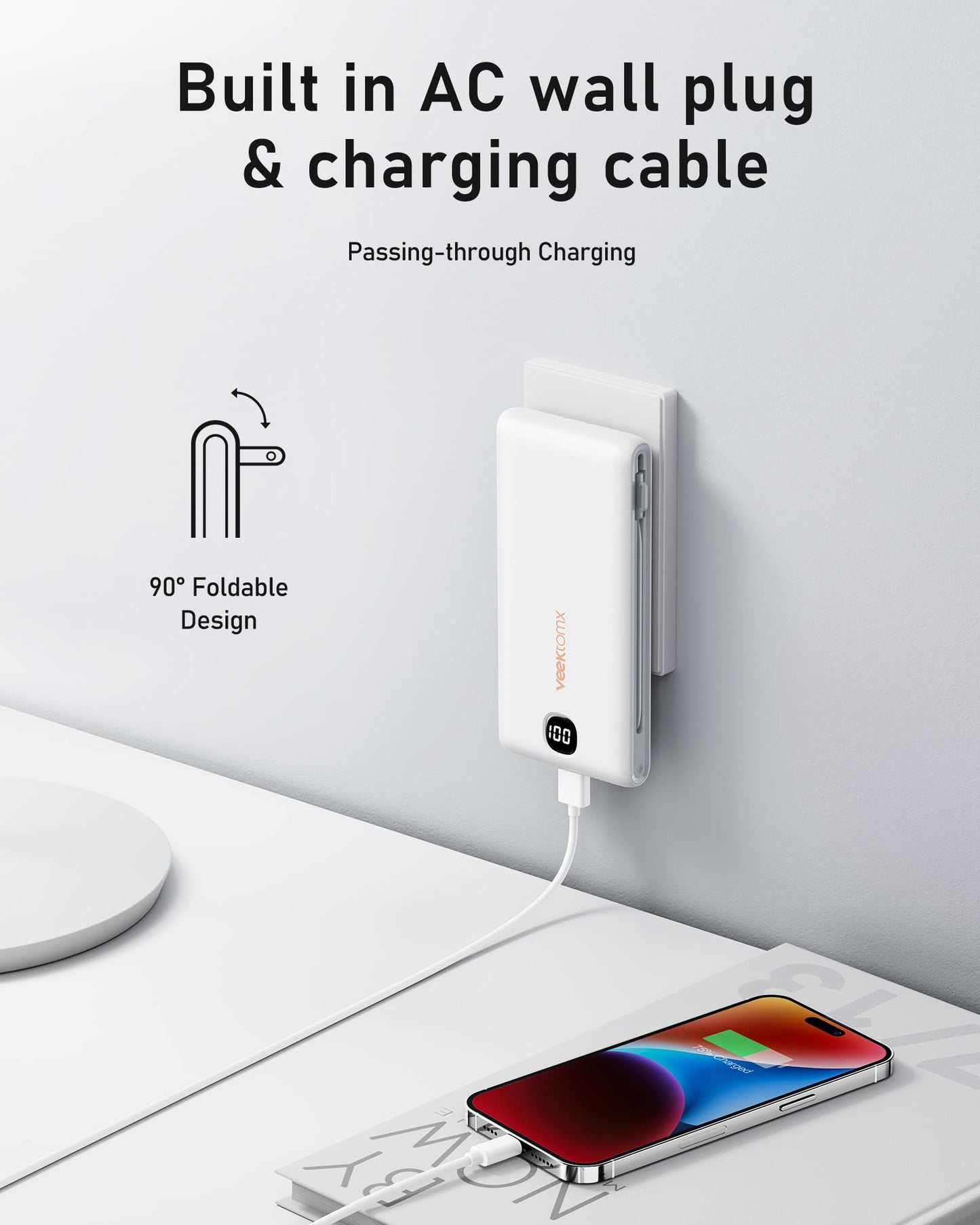 VEEKTOMX Portable Charger with Built in Cables 10000mAh, Power Bank for iPhone with Wall Plug, Travel Essential Fast Charging USB C Slim External Battery Pack for iPhone16/15/14, Samsung, iPad, etc