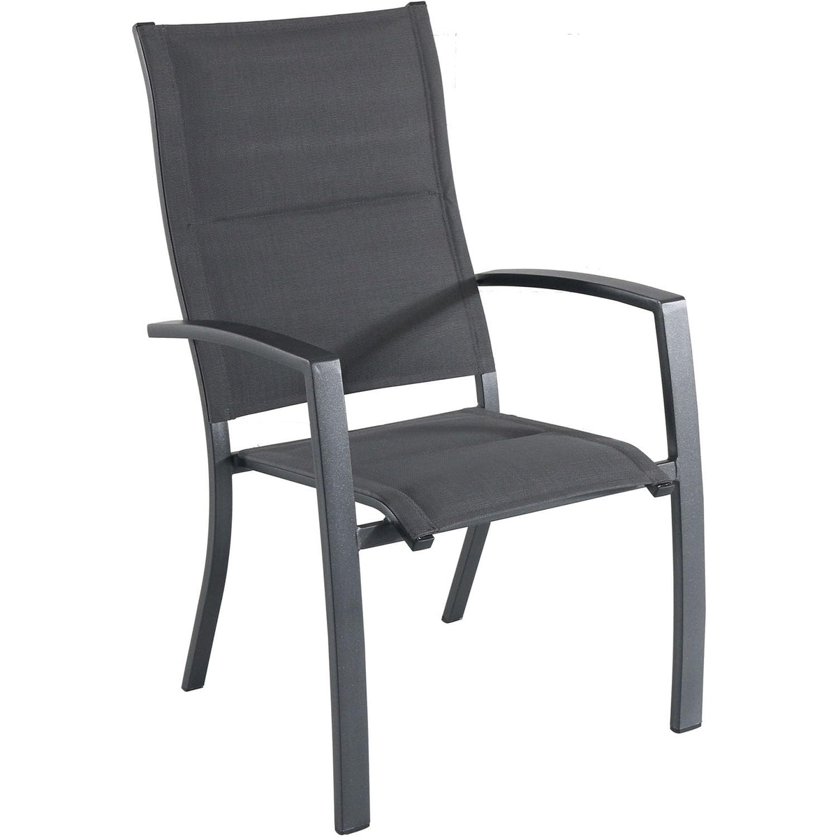 Hanover Naples 5-Piece Outdoor Dining Set with 38'' Rust Resistant Aluminum Square Dining Table and Grey Stackable Sling Chairs, Modern Space Saving All-Weather Patio Dining Set for 4