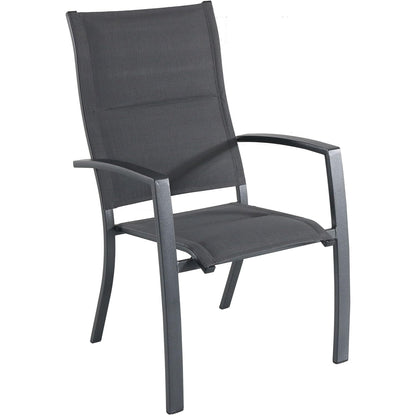 Hanover Naples 5-Piece Outdoor Dining Set with 38'' Rust Resistant Aluminum Square Dining Table and Grey Stackable Sling Chairs, Modern Space Saving All-Weather Patio Dining Set for 4