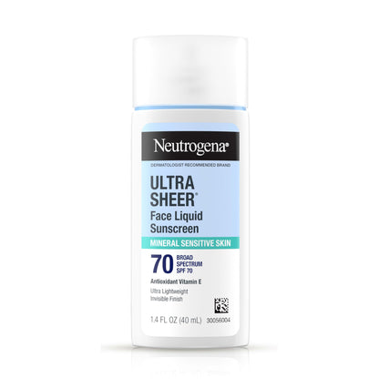 Neutrogena Ultra Sheer Mineral Face Liquid Sunscreen SPF 70, Broad Spectrum UVA UVB for Sensitive Skin, Non Greasy, Oxybenzone Free, Vegan, Hypoallergenic, 1.4 fl oz