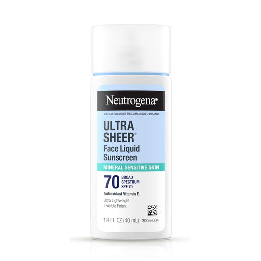 Neutrogena Ultra Sheer Mineral Face Liquid Sunscreen SPF 70, Broad Spectrum UVA UVB for Sensitive Skin, Non Greasy, Oxybenzone Free, Vegan, Hypoallergenic, 1.4 fl oz