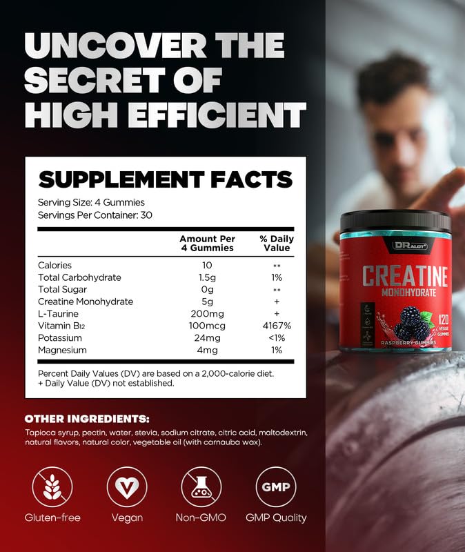 Dralot 99.99% Creatine Monohydrate Gummies More 15% Strength, 5X Energy & Muscle Support Pre-Workout Complex Creatine for Women & Men with 5000mg Creatine, L-Taurine, B12, Mg and K, 0 Sugar, Vegan