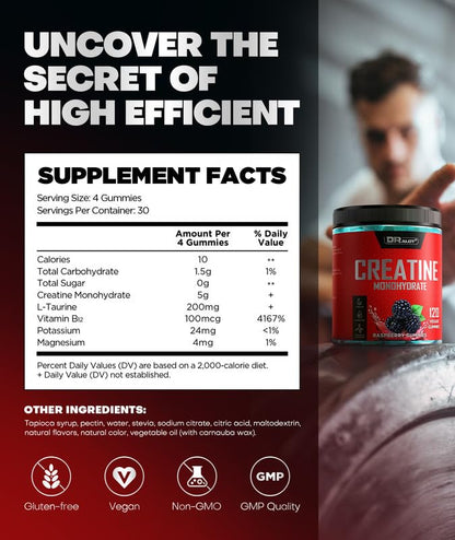 Dralot 99.99% Creatine Monohydrate Gummies More 15% Strength, 5X Energy & Muscle Support Pre-Workout Complex Creatine for Women & Men with 5000mg Creatine, L-Taurine, B12, Mg and K, 0 Sugar, Vegan