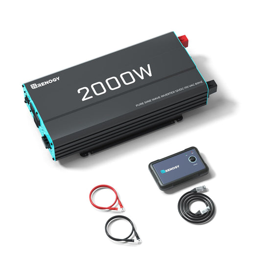 Renogy Inverter P2 2000W Pure Sine Wave Inverter 12V DC to 110V AC Converter, Off-Grid Solar Power Inverters for Vehicles, Truck, RV, Home, with Built-in 5V/2.1A USB / Hardwire Port, Remote Controller