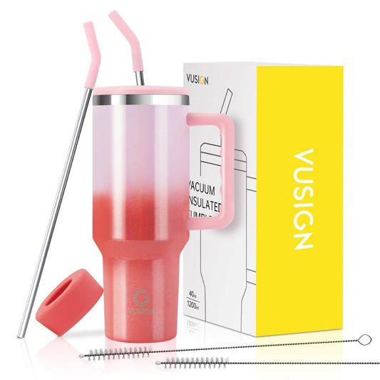 VUSIGN 40 oz Tumbler with Handle and Straw Lid, Stainless Steel Vacuum Insulated Tumbler Travel Mug Water Bottle Cup for Water Iced Tea Coffee Smoothie Car, Flamingo