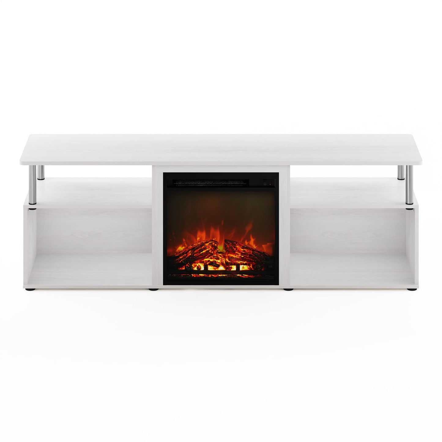 Furinno Jensen Open Storage Fireplace Entertainment Center for TV up to 70 Inch with Stainless Steel Tubes, White Oak/Chrome