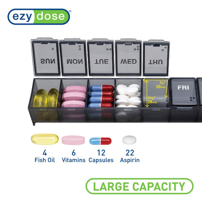 EZY DOSE Weekly (7-Day) Pill Case, Medicine Planner, Vitamin Organizer Box, Convenient and Easy to Use, Large Compartments, Travel Friendly, Black, Made in the USA, BPA Free
