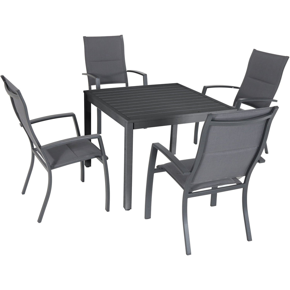 Hanover Naples 5-Piece Outdoor Dining Set with 38'' Rust Resistant Aluminum Square Dining Table and Grey Stackable Sling Chairs, Modern Space Saving All-Weather Patio Dining Set for 4