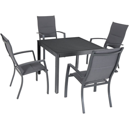 Hanover Naples 5-Piece Outdoor Dining Set with 38'' Rust Resistant Aluminum Square Dining Table and Grey Stackable Sling Chairs, Modern Space Saving All-Weather Patio Dining Set for 4