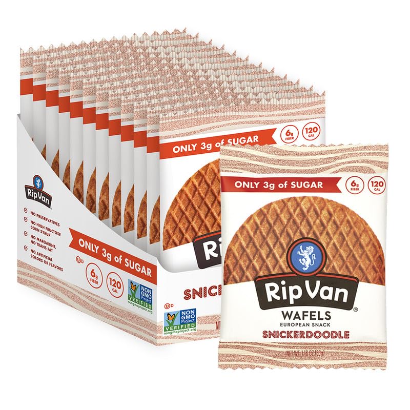 Rip Van Wafels Snickerdoodle Stroopwafels, Healthy Snacks, Non-GMO, Keto Friendly, Office Snacks, Low Sugar (3g), Low Calorie, 12 Pack