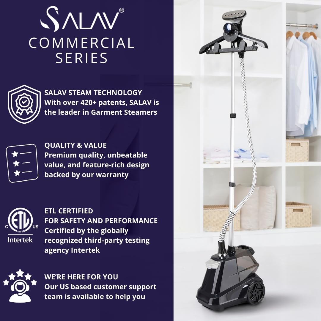 SALAV Heavy Duty Commercial Full-Size Garment Steamer with Foot Pedals and Extra Large 3L (101.5 oz) Water Tank, 1800 watts of Poweful Steam (Navy)